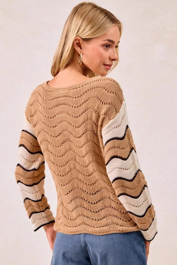 Pointelle Wavy Striped Knit Sweater Cardigan