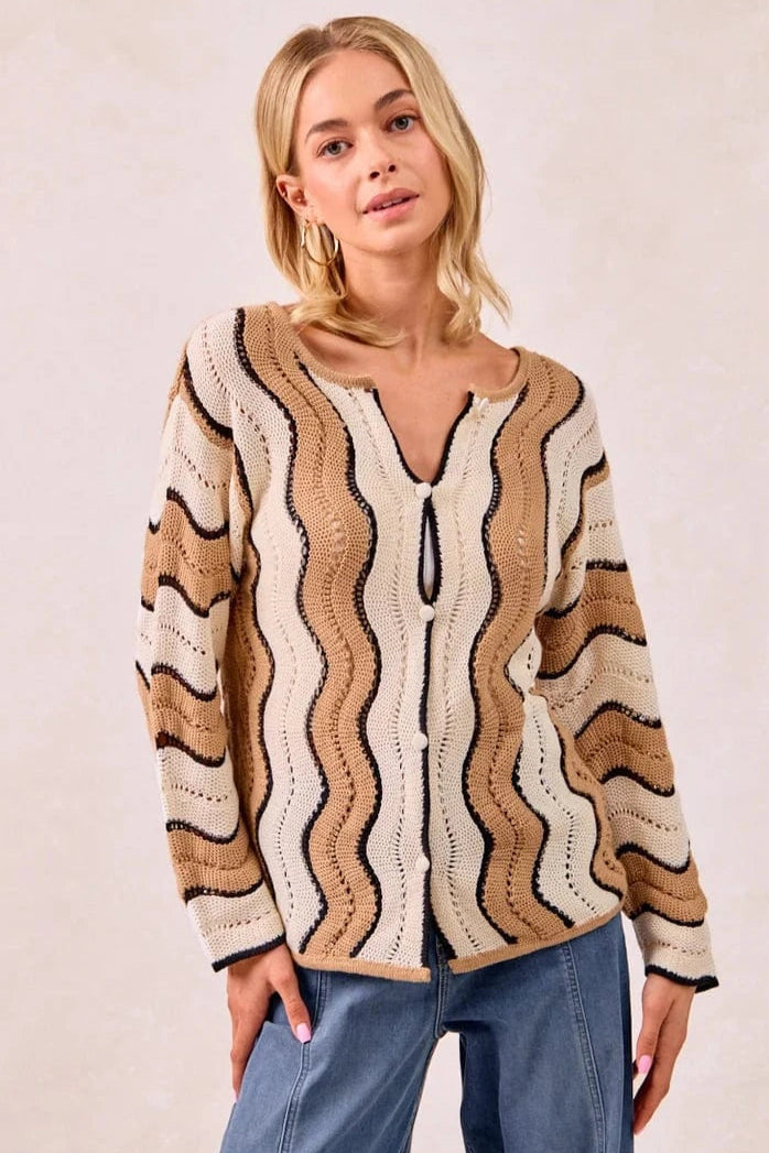 Pointelle Wavy Striped Knit Sweater Cardigan
