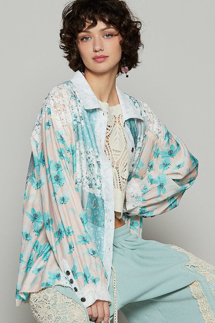 POL Balloon Sleeve Oversized Fit Lace and Floral Button Up Shirt