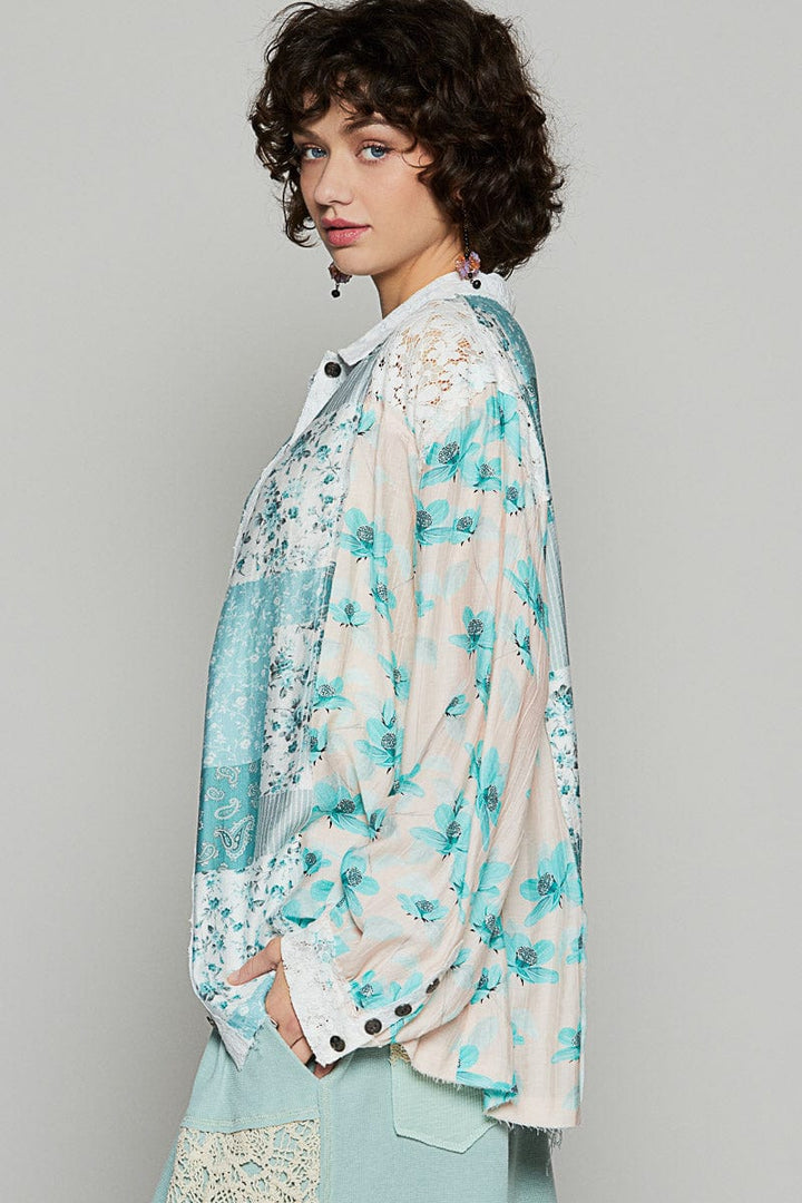 POL Balloon Sleeve Oversized Fit Lace and Floral Button Up Shirt