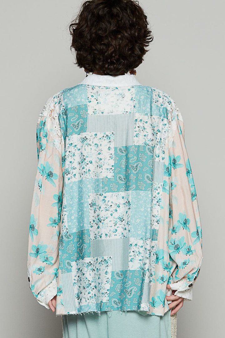 POL Balloon Sleeve Oversized Fit Lace and Floral Button Up Shirt