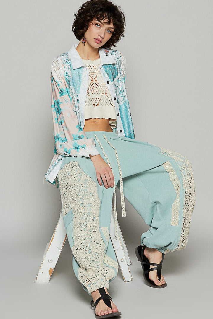 POL Balloon Sleeve Oversized Fit Lace and Floral Button Up Shirt