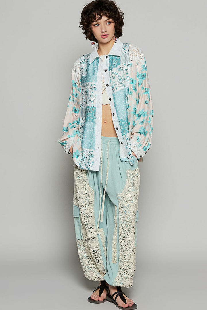 POL Balloon Sleeve Oversized Fit Lace and Floral Button Up Shirt