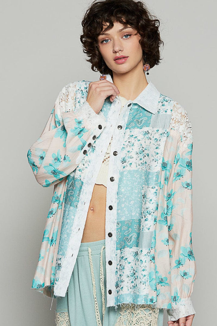 POL Balloon Sleeve Oversized Fit Lace and Floral Button Up Shirt