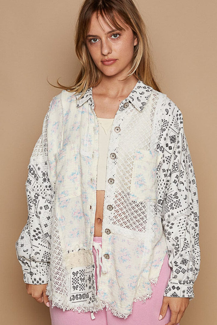 POL Balloon Sleeve Relaxed Fit Mixed Paisley Print Button Down Top