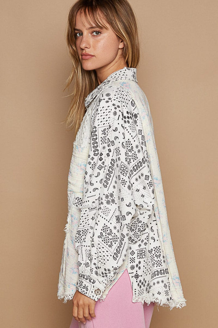 POL Balloon Sleeve Relaxed Fit Mixed Paisley Print Button Down Top