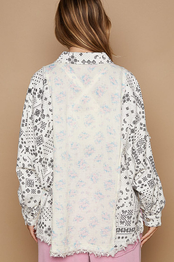 POL Balloon Sleeve Relaxed Fit Mixed Paisley Print Button Down Top