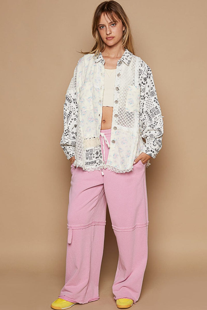 POL Balloon Sleeve Relaxed Fit Mixed Paisley Print Button Down Top