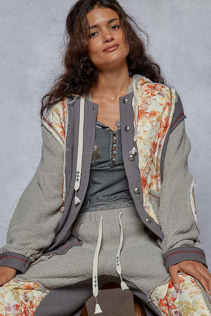 POL Balloon Sleeve Relaxed Fit Thermal and Floral Quilted Button Down Hoodie Jacket