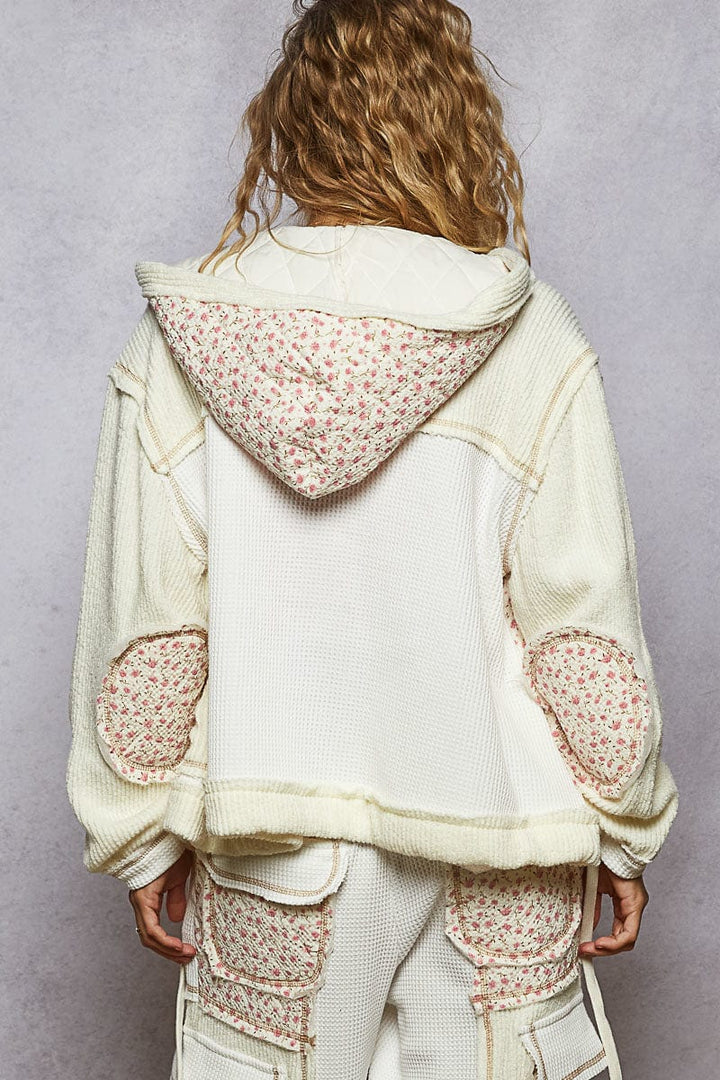 POL Balloon Sleeve Relaxed Fit Thermal and Floral Quilted Button Down Hoodie Jacket