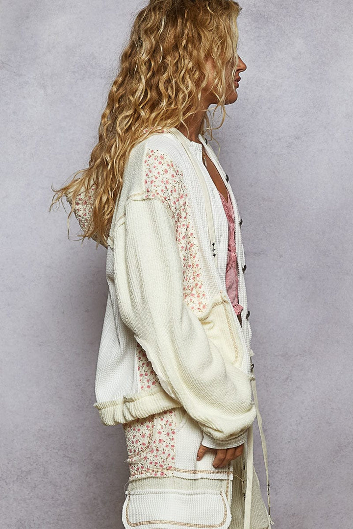 POL Balloon Sleeve Relaxed Fit Thermal and Floral Quilted Button Down Hoodie Jacket