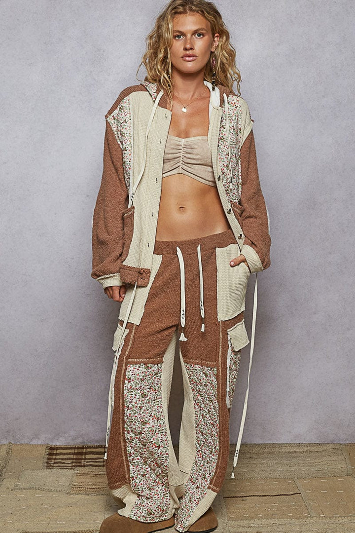 POL Balloon Sleeve Relaxed Fit Thermal and Floral Quilted Button Down Hoodie Jacket
