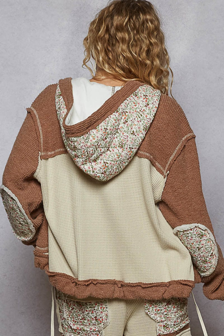 POL Balloon Sleeve Relaxed Fit Thermal and Floral Quilted Button Down Hoodie Jacket