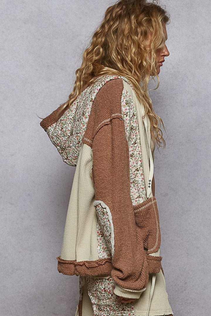POL Balloon Sleeve Relaxed Fit Thermal and Floral Quilted Button Down Hoodie Jacket