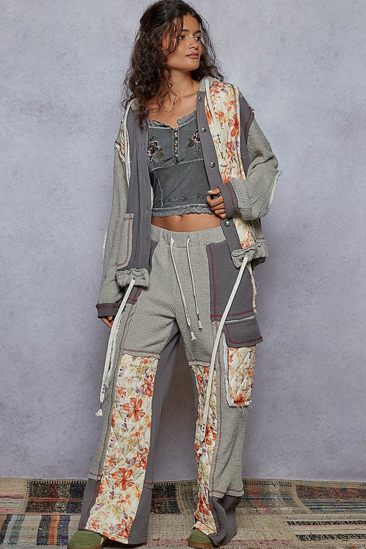 POL Balloon Sleeve Relaxed Fit Thermal and Floral Quilted Button Down Hoodie Jacket