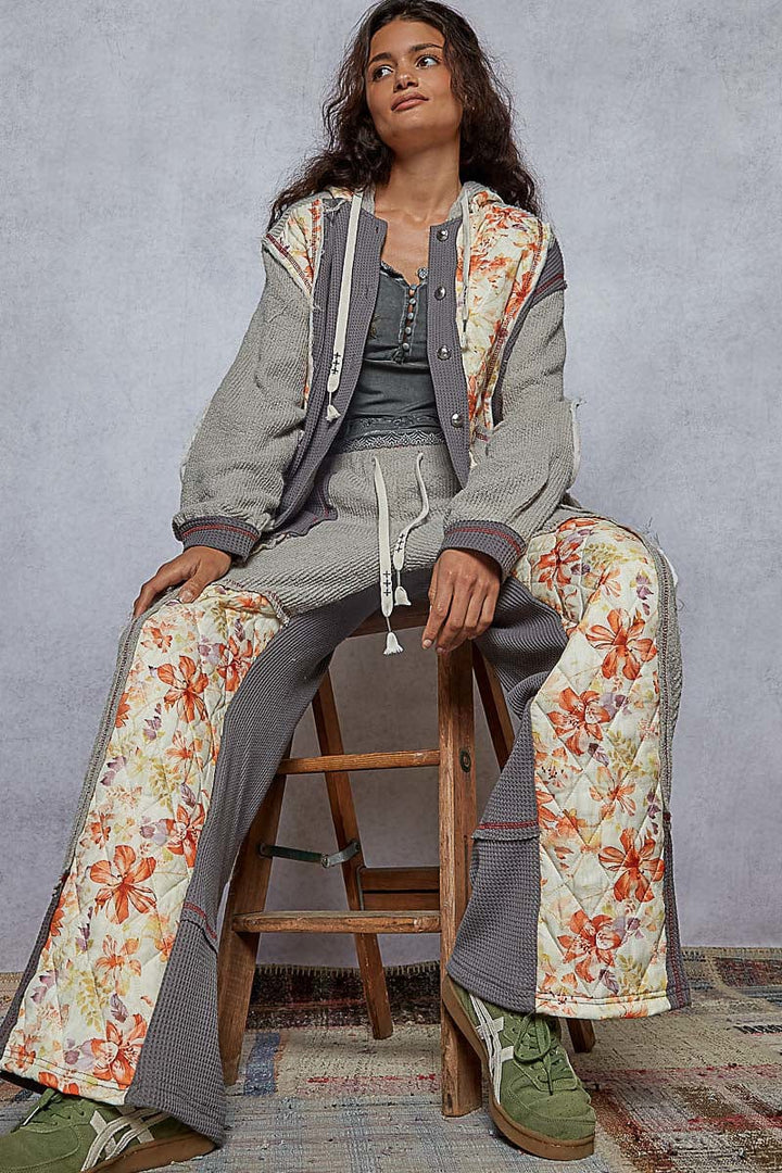 POL Balloon Sleeve Relaxed Fit Thermal and Floral Quilted Button Down Hoodie Jacket