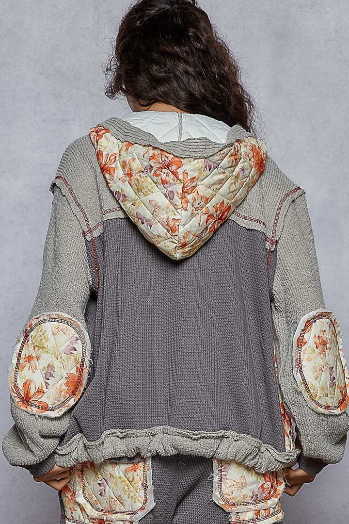 POL Balloon Sleeve Relaxed Fit Thermal and Floral Quilted Button Down Hoodie Jacket
