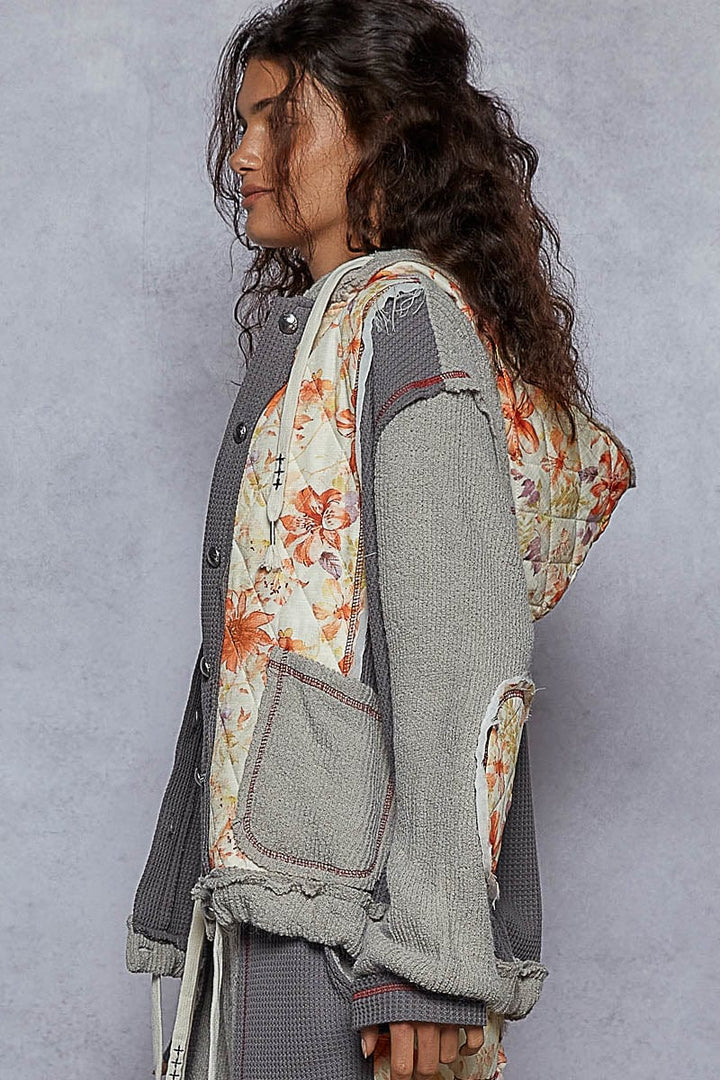 POL Balloon Sleeve Relaxed Fit Thermal and Floral Quilted Button Down Hoodie Jacket
