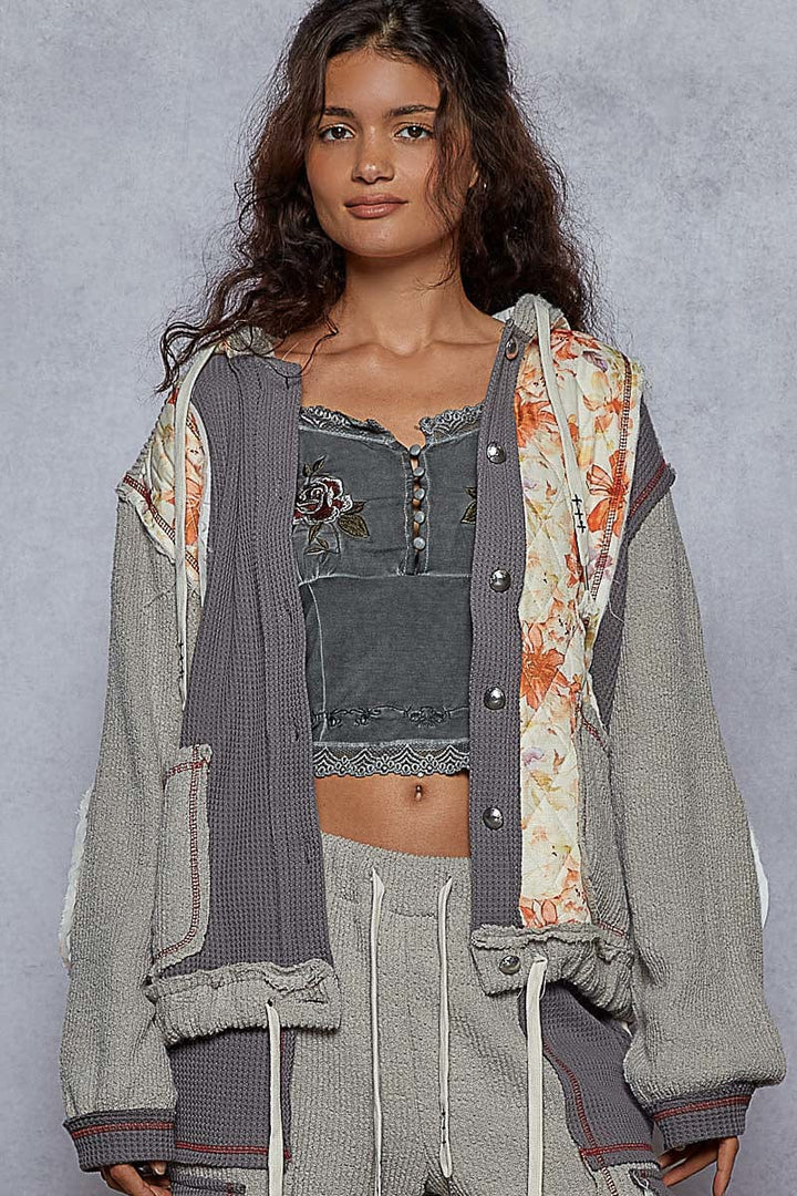 POL Balloon Sleeve Relaxed Fit Thermal and Floral Quilted Button Down Hoodie Jacket