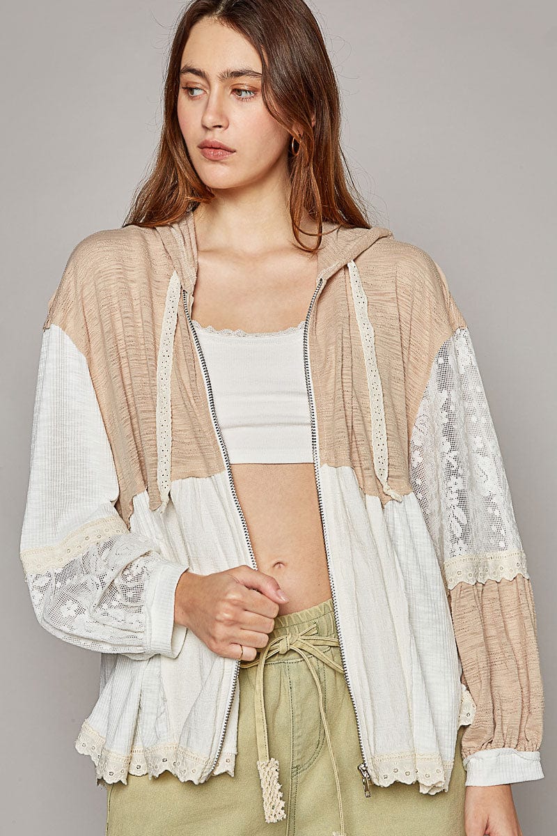 POL Balloon Sleeve Rib Mix and Eyelet Lace Zip Up Hoodie