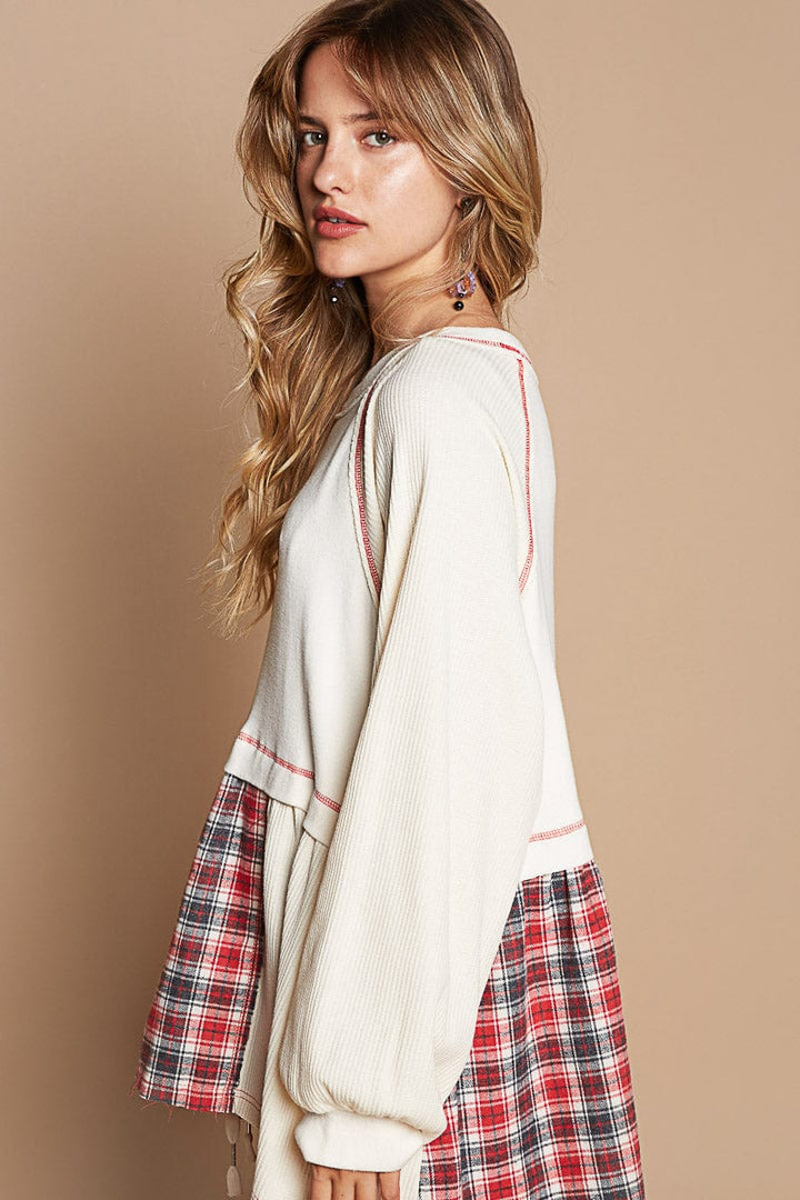 POL Balloon Sleeve Thermal Plaid Mix Overlock Stitch Relaxed Fit Long Sleeve Top