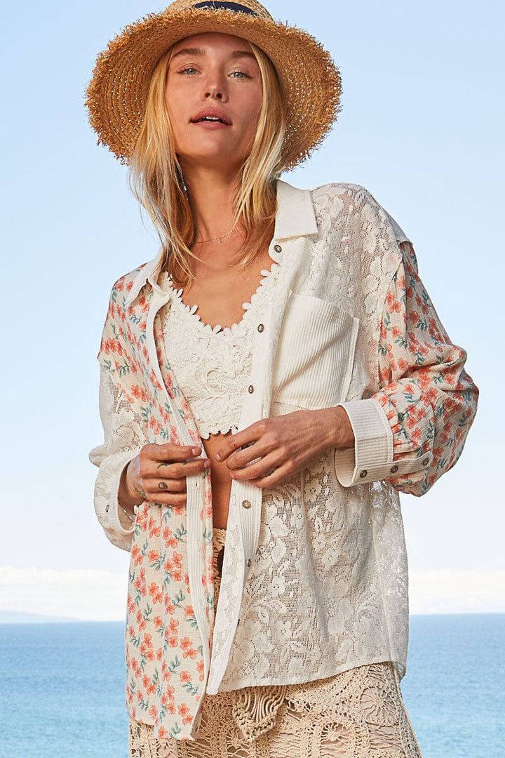 POL Balloon Sleeve Woven and Lace Mix Top with Floral Pattern