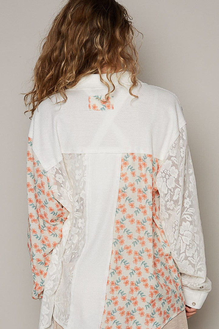 POL Balloon Sleeve Woven and Lace Mix Top with Floral Pattern