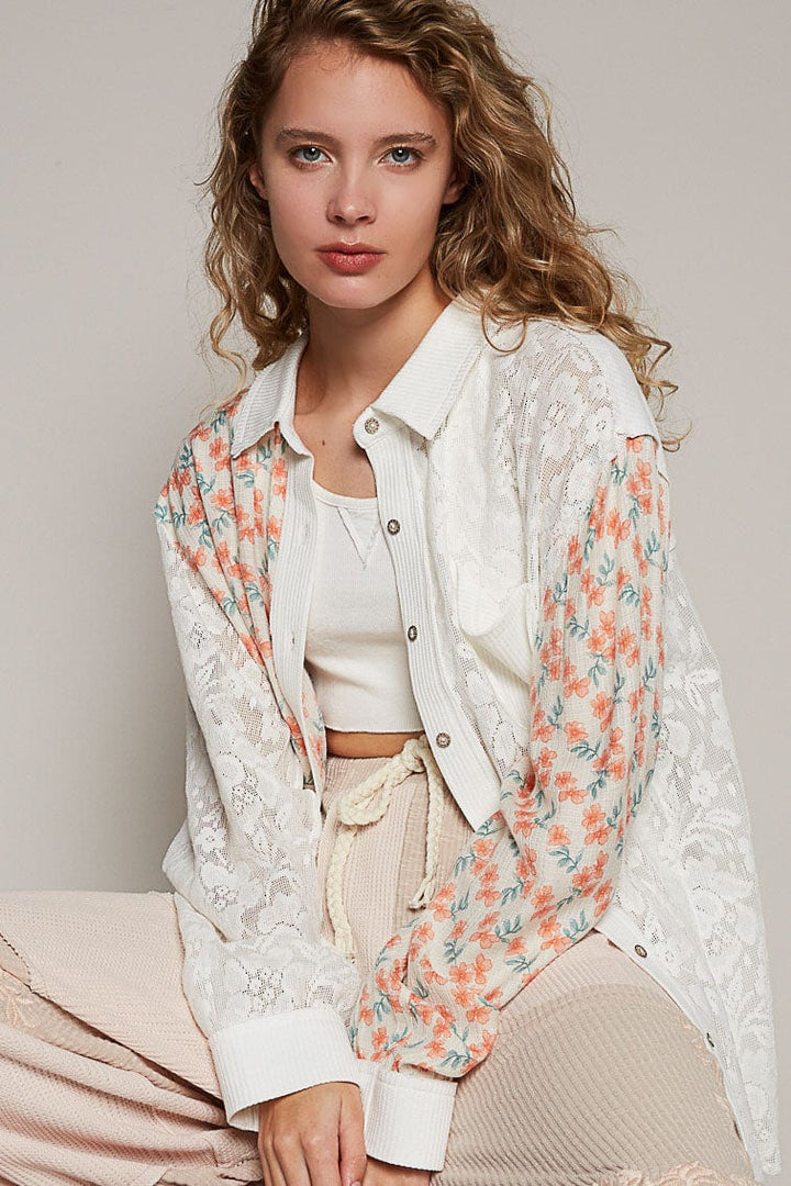 POL Balloon Sleeve Woven and Lace Mix Top with Floral Pattern