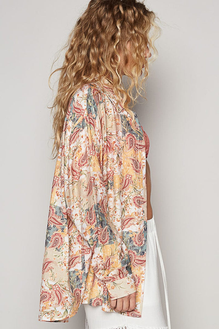 POL Button Up Collar Relaxed Fit Lightweight Printed Top