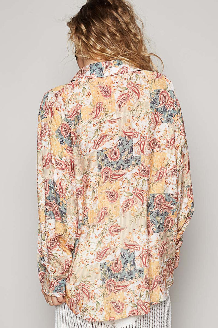 POL Button Up Collar Relaxed Fit Lightweight Printed Top