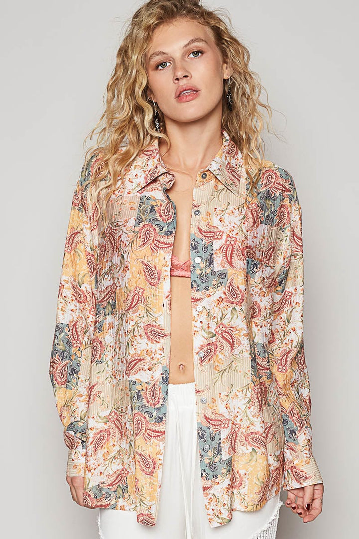 POL Button Up Collar Relaxed Fit Lightweight Printed Top