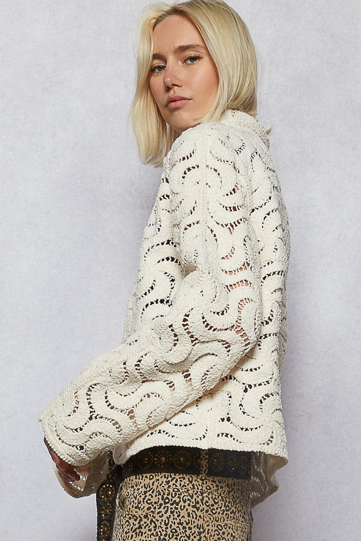 POL Chenille Crochet Swirl Pattern Collared Regular Fit Button Up Shacket