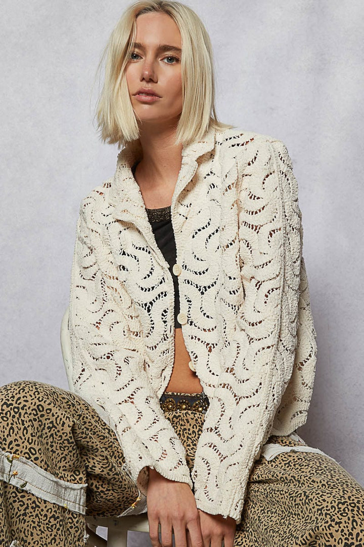 POL Chenille Crochet Swirl Pattern Collared Regular Fit Button Up Shacket