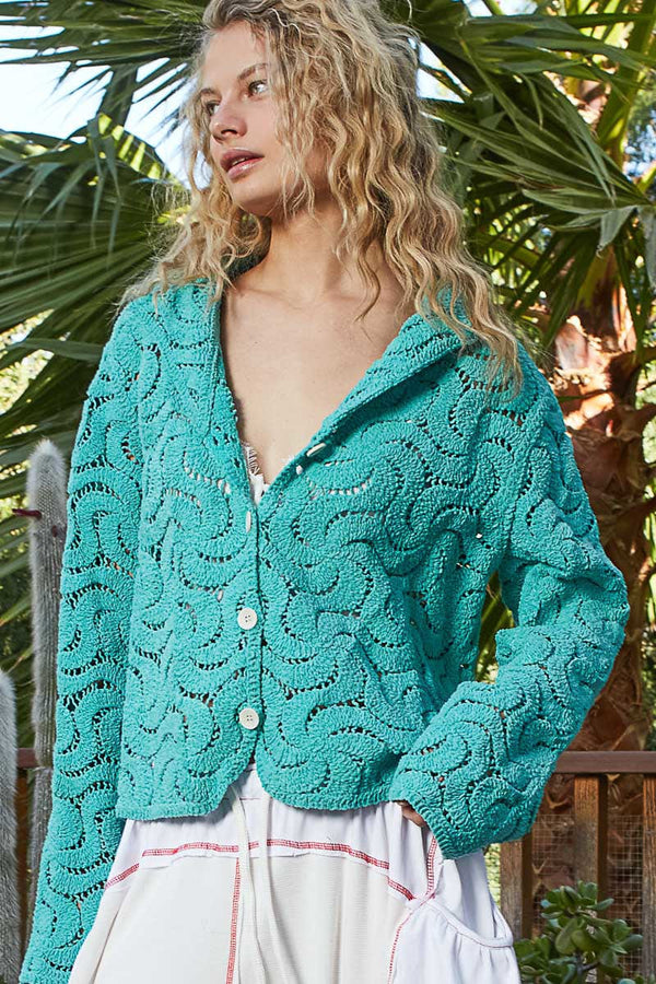 POL Chenille Crochet Swirl Pattern Collared Regular Fit Button Up Shacket