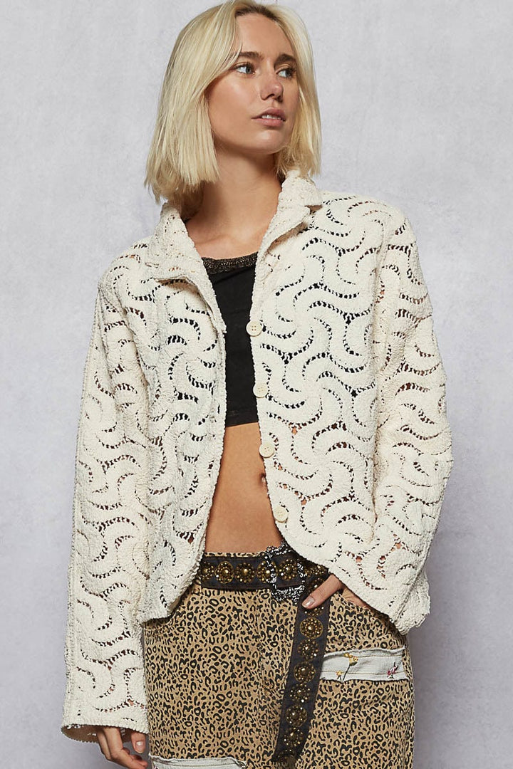 POL Chenille Crochet Swirl Pattern Collared Regular Fit Button Up Shacket