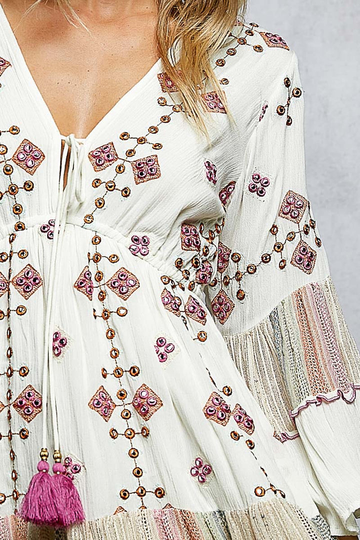 aztec dress long sleeve POL Clothing Aztec Inspired Embroidery Flowy Long Sleeve Dress