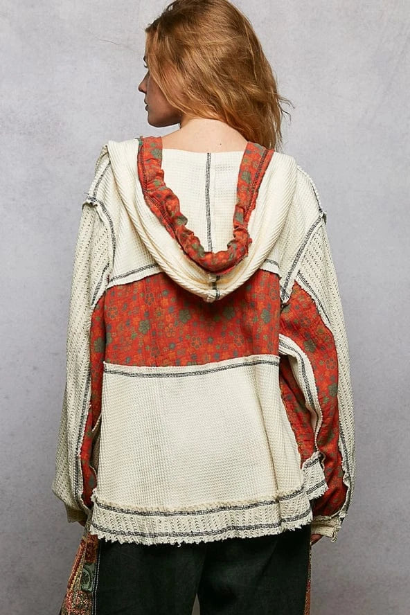 POL Clothing Balloon Sleeve Peace Sign Patchwork Zip Up Hoodie Jacket