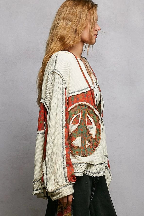 POL Clothing Balloon Sleeve Peace Sign Patchwork Zip Up Hoodie Jacket