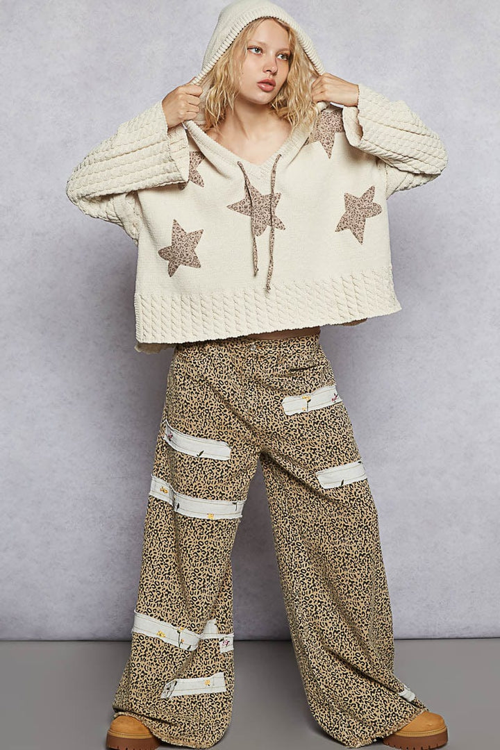 POL Clothing Cable Knit Sleeve Hooded Chenille Sweater with Star Patches