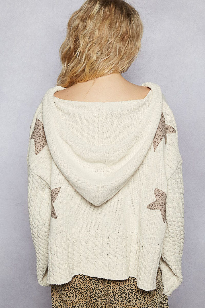 POL Clothing Cable Knit Sleeve Hooded Chenille Sweater with Star Patches