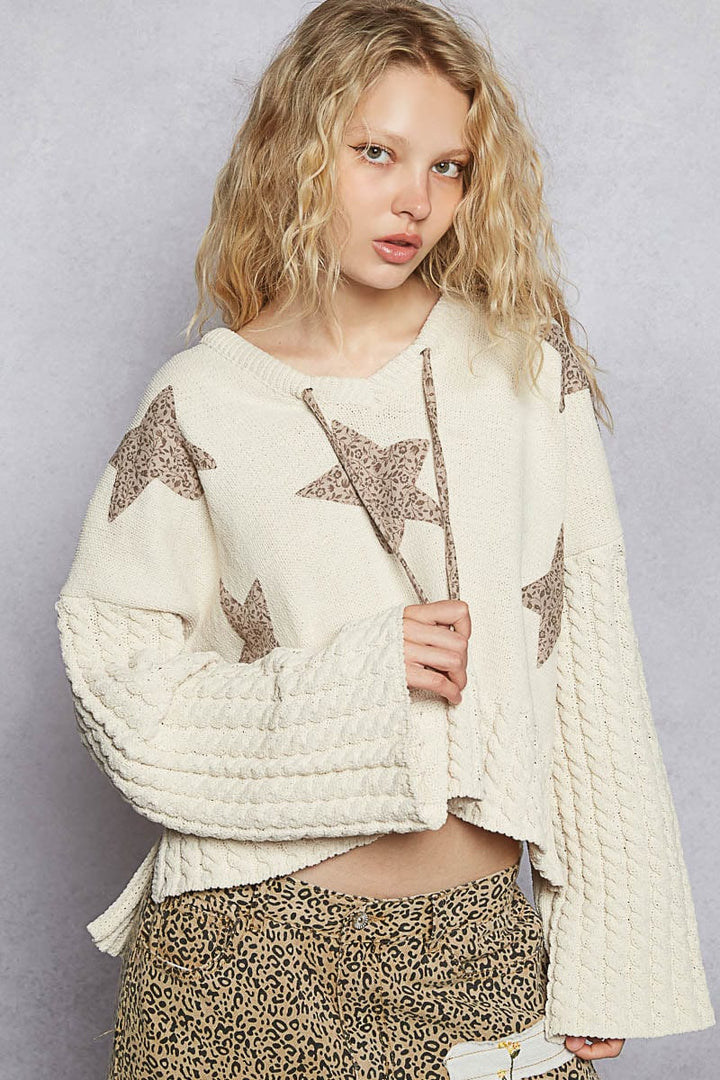 POL Clothing Cable Knit Sleeve Hooded Chenille Sweater with Star Patches