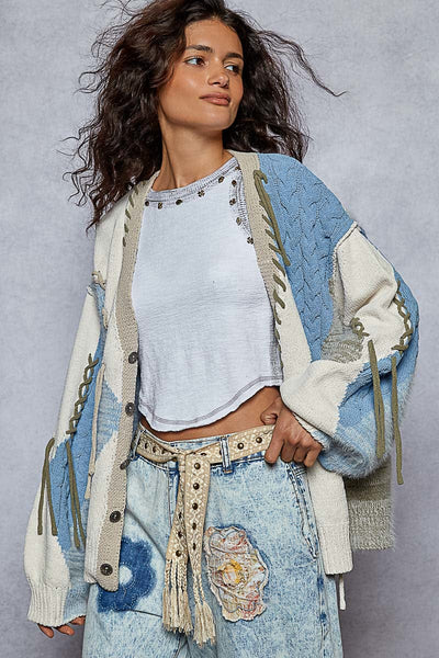 POL Clothing Embroidered Design Tassel Tie Belt with Stud Accents