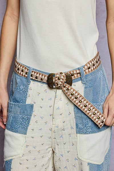 POL Clothing Embroidered Fabric Studded Belt with Organic Shape Buckle