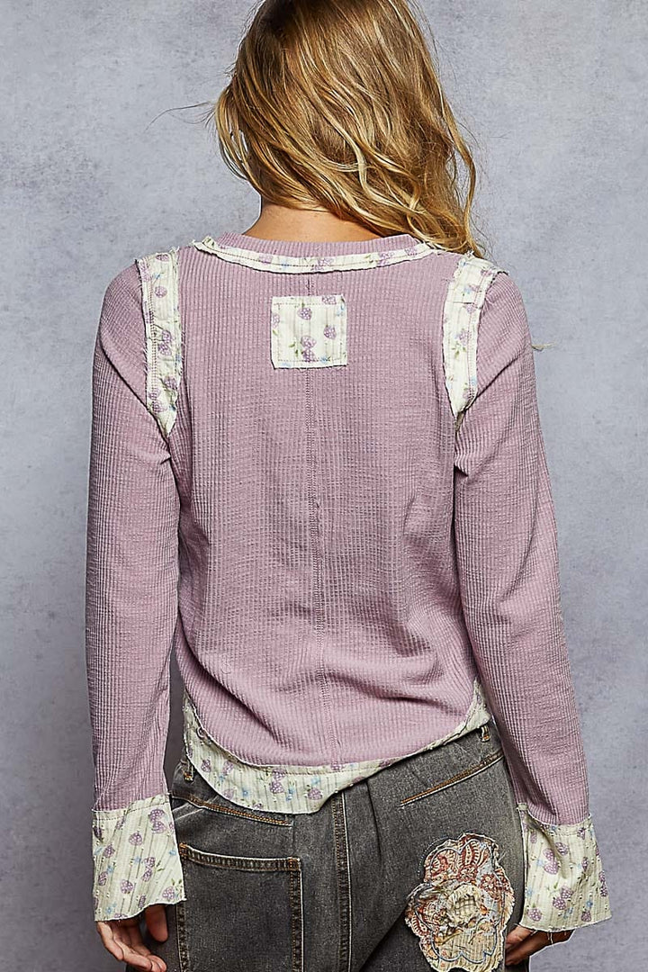 POL Clothing Floral Fabric Accent Trim Long Sleeve V-Neck Top