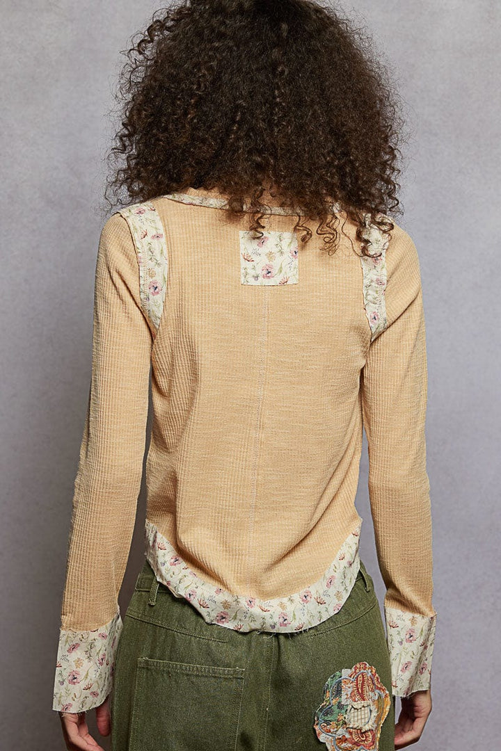 POL Clothing Floral Fabric Accent Trim Long Sleeve V-Neck Top