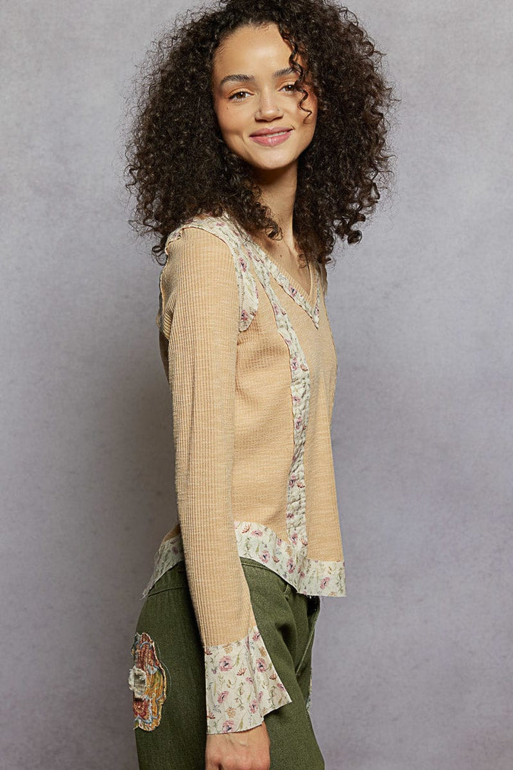 POL Clothing Floral Fabric Accent Trim Long Sleeve V-Neck Top