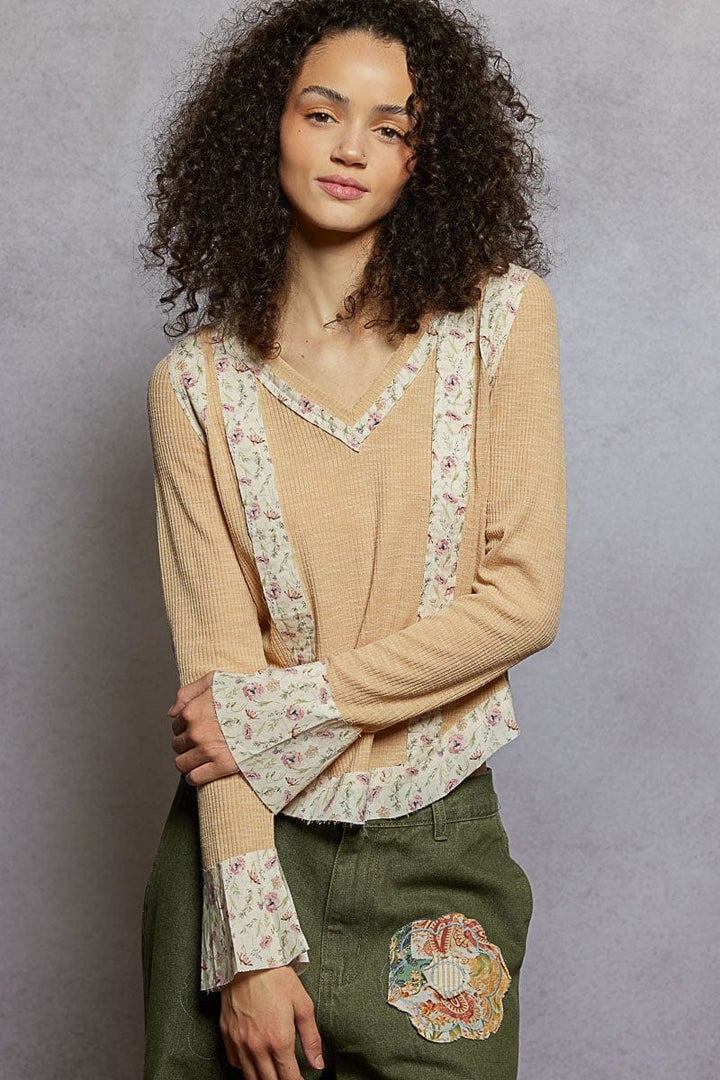 POL Clothing Floral Fabric Accent Trim Long Sleeve V-Neck Top