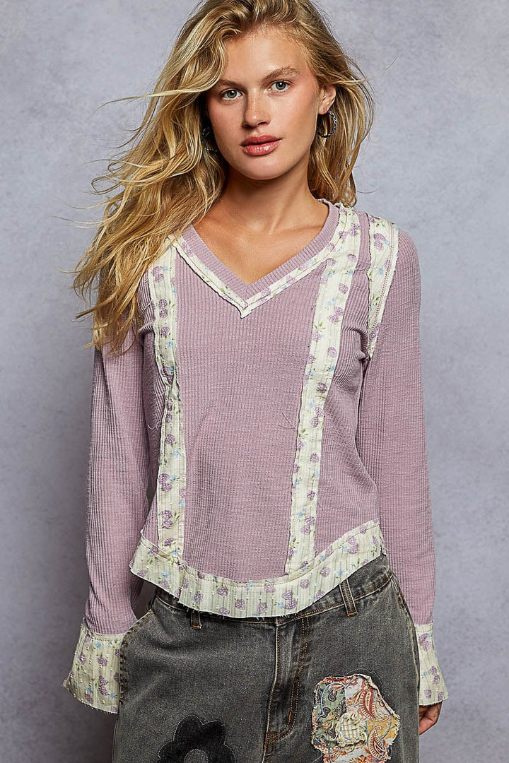 POL Clothing Floral Fabric Accent Trim Long Sleeve V-Neck Top