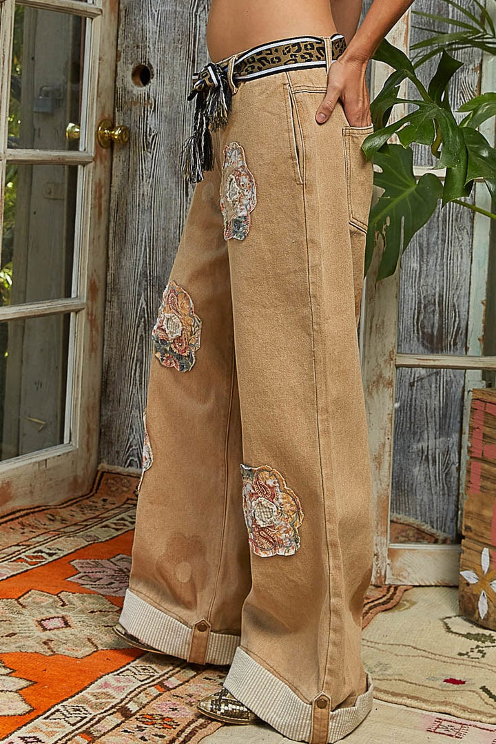 POL Clothing Floral Patchwork Relaxed Fit Rolled Hem Jeans