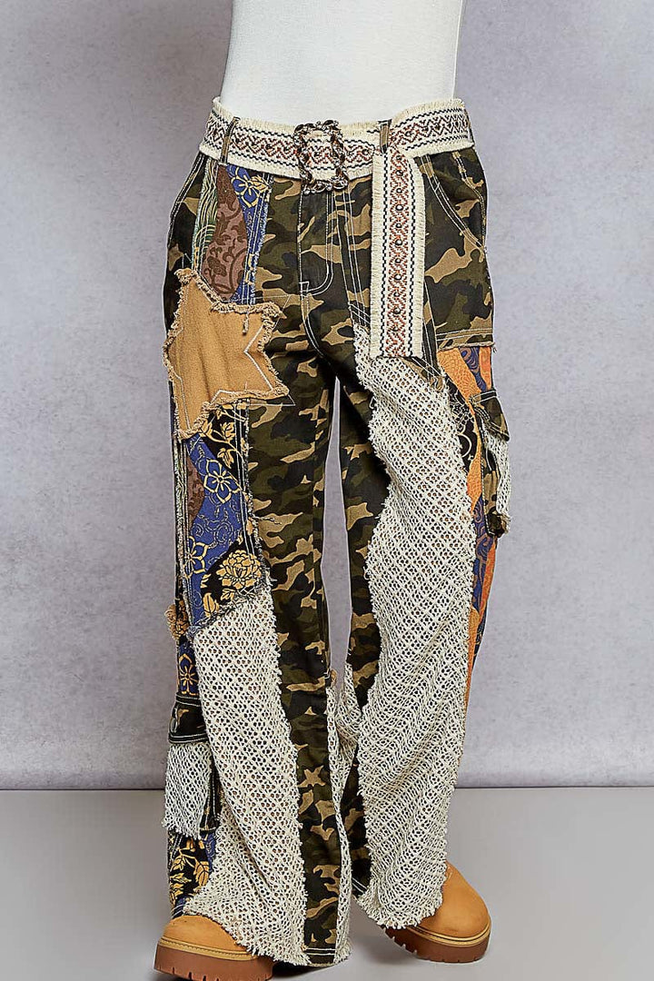 POL Clothing Fringe Edge Studded Wide Woven Belt with Embellished Buckle